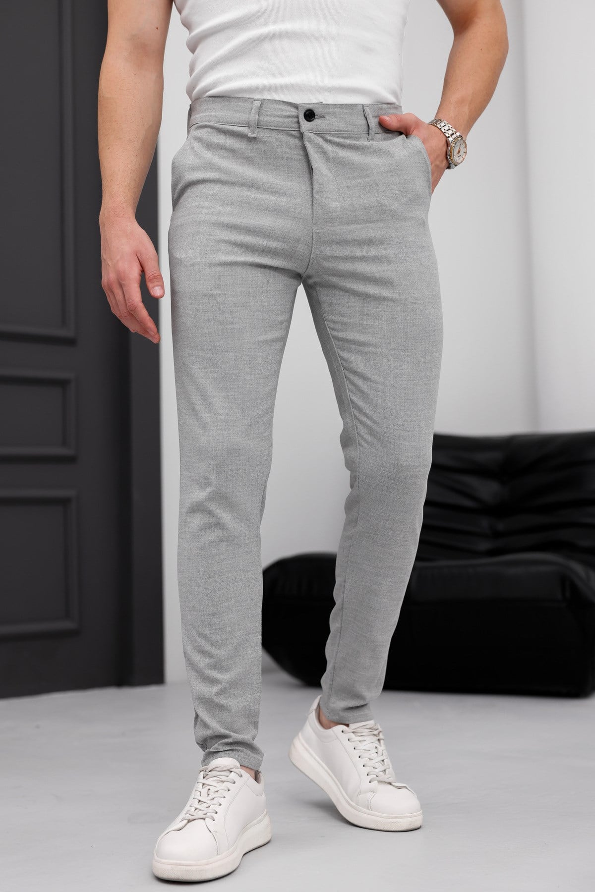 Erkek Açık Gri Slim Fit Dar Kesim Likralı Yan Cep Bilek Boy Düz Kumaş Pantolon