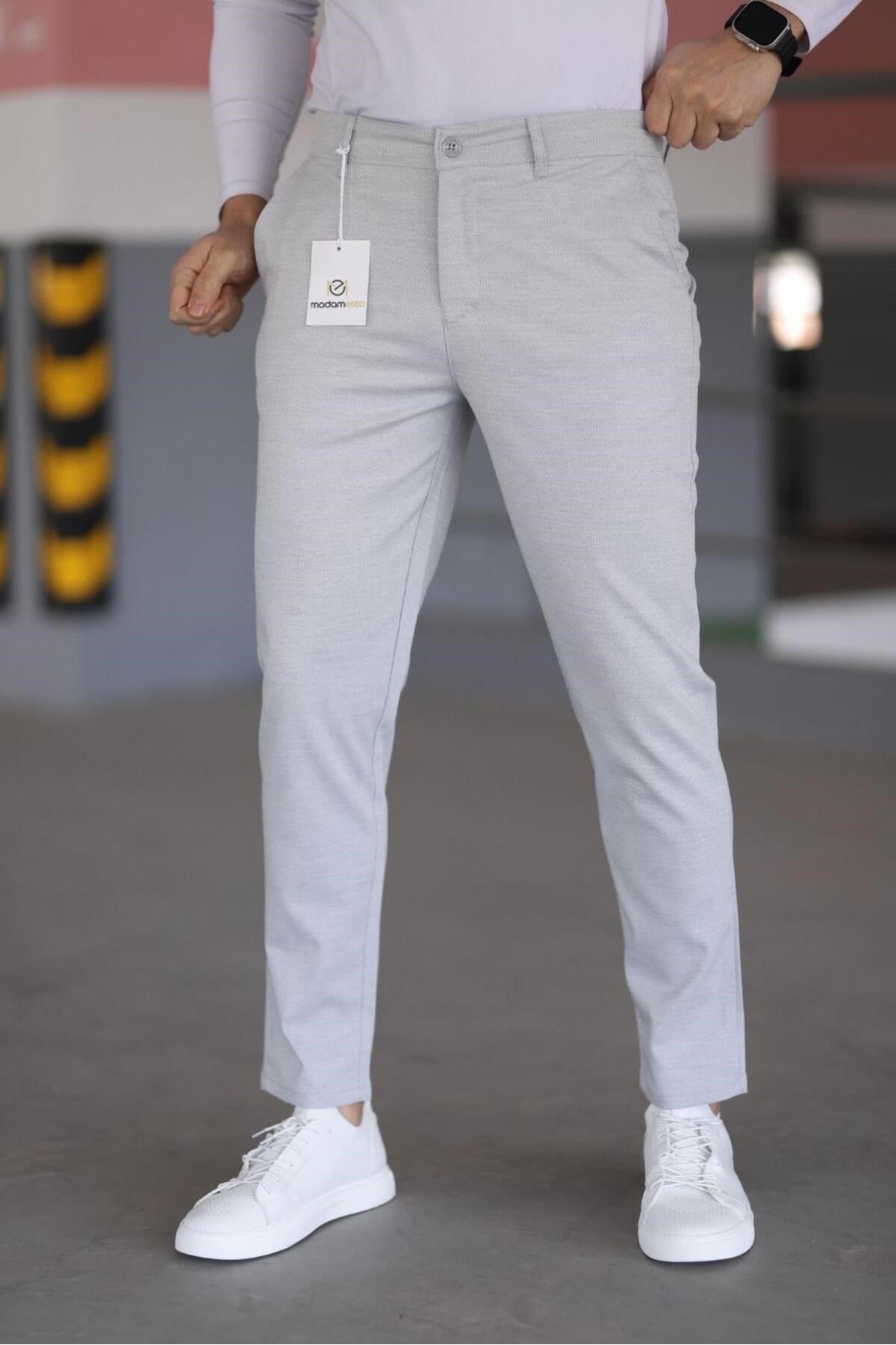 Erkek Açık Gri Slim Fit Likralı Armür Desenli Casual Pantolon