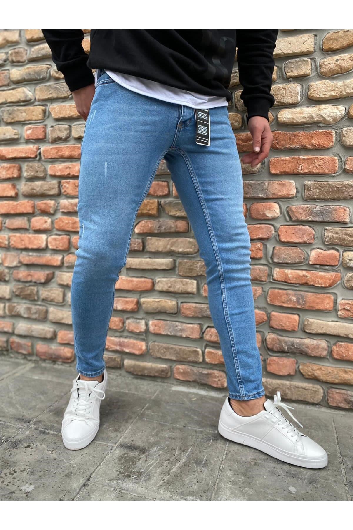 Erkek Açık Mavi Slim Fit Lazerli Likralı Jean Pantolon