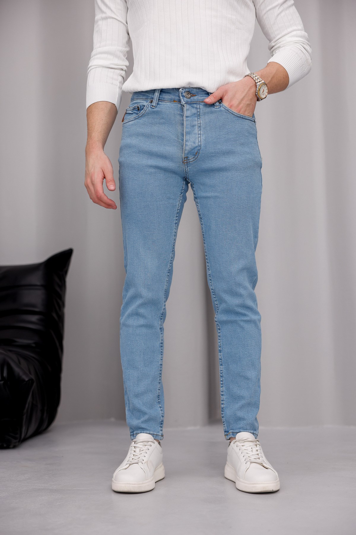 Erkek Açık Mavi Slim Fit Likralı Dar Paça Kot Pantolon