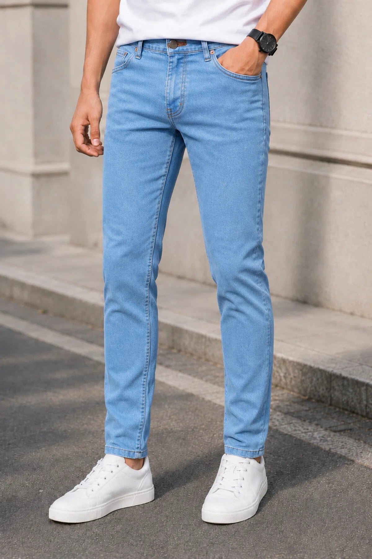Erkek Açık Mavi Slim Fit Likralı Dar Paça Kot Pantolon