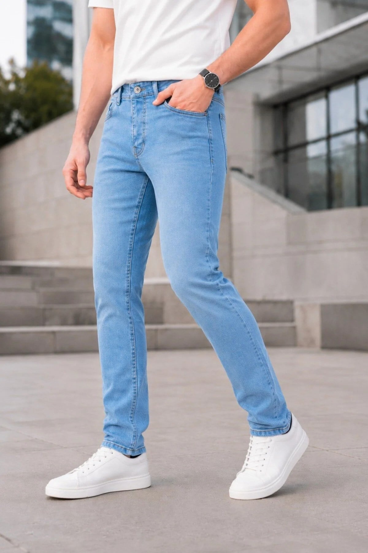 Erkek Açık Mavi Slim Fit Likralı Jean Pantolon