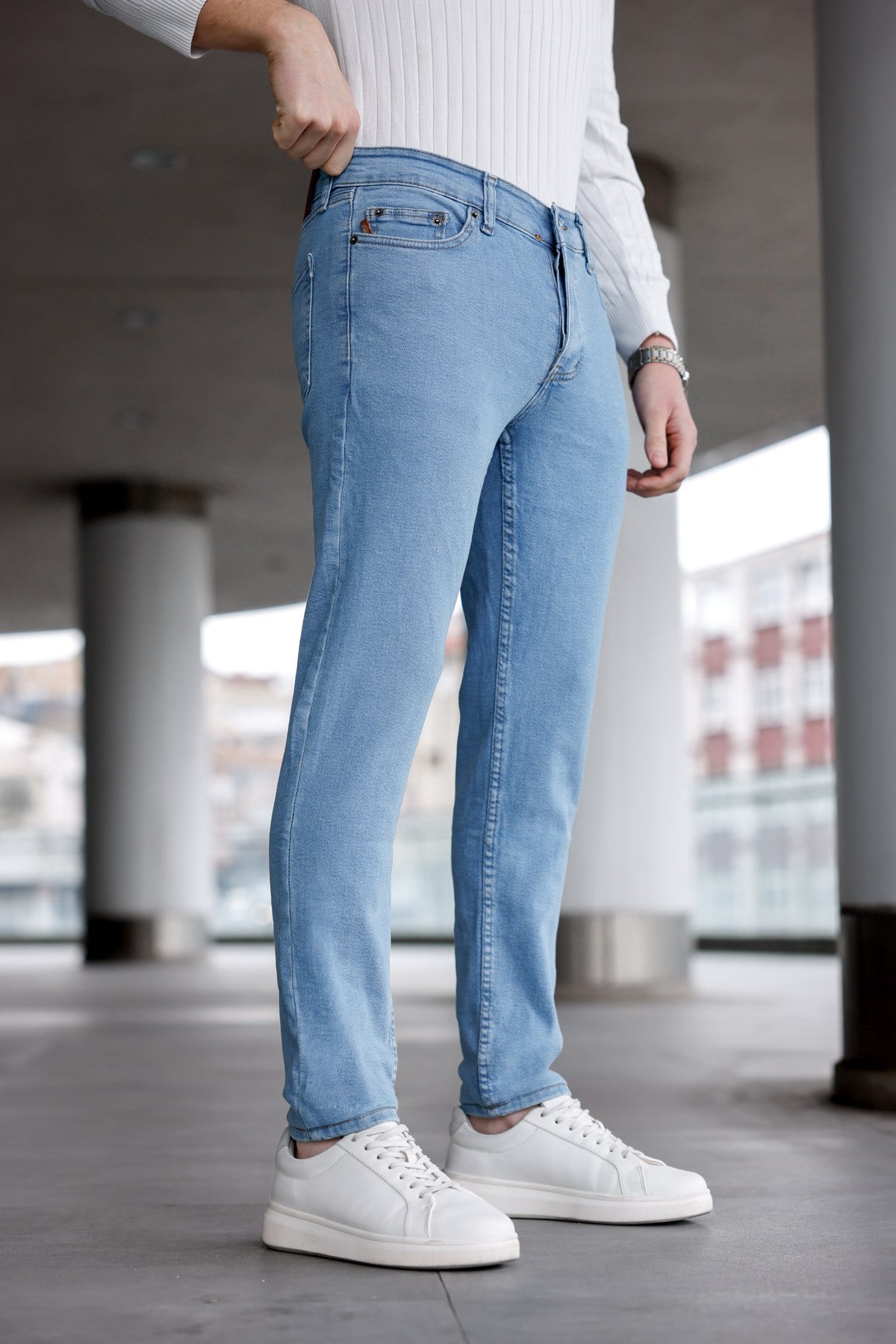 Erkek Açık Mavi Slim Fit Likralı Jean Pantolon