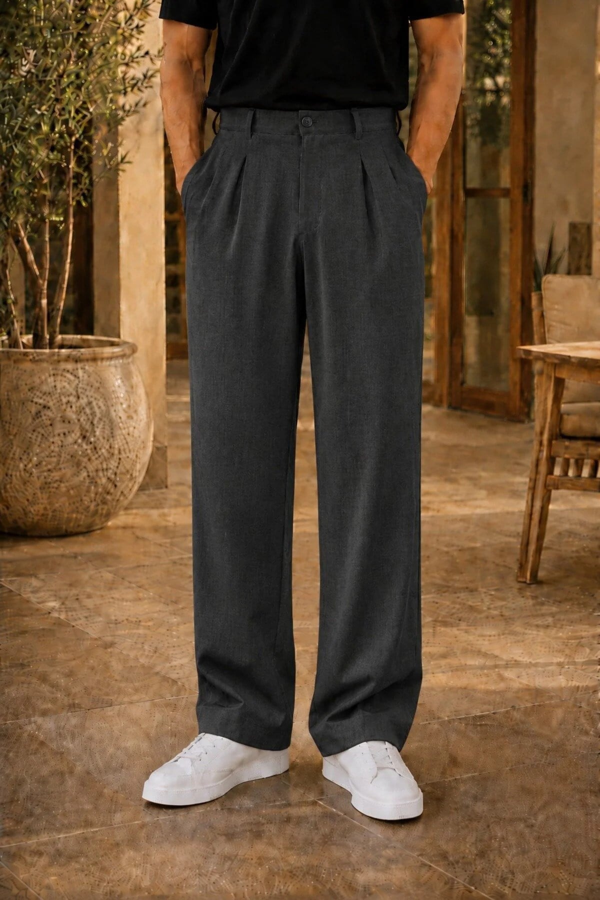 Erkek Antrasit Baggy Fit Rahat Kesim Pileli Kumaş Pantolon