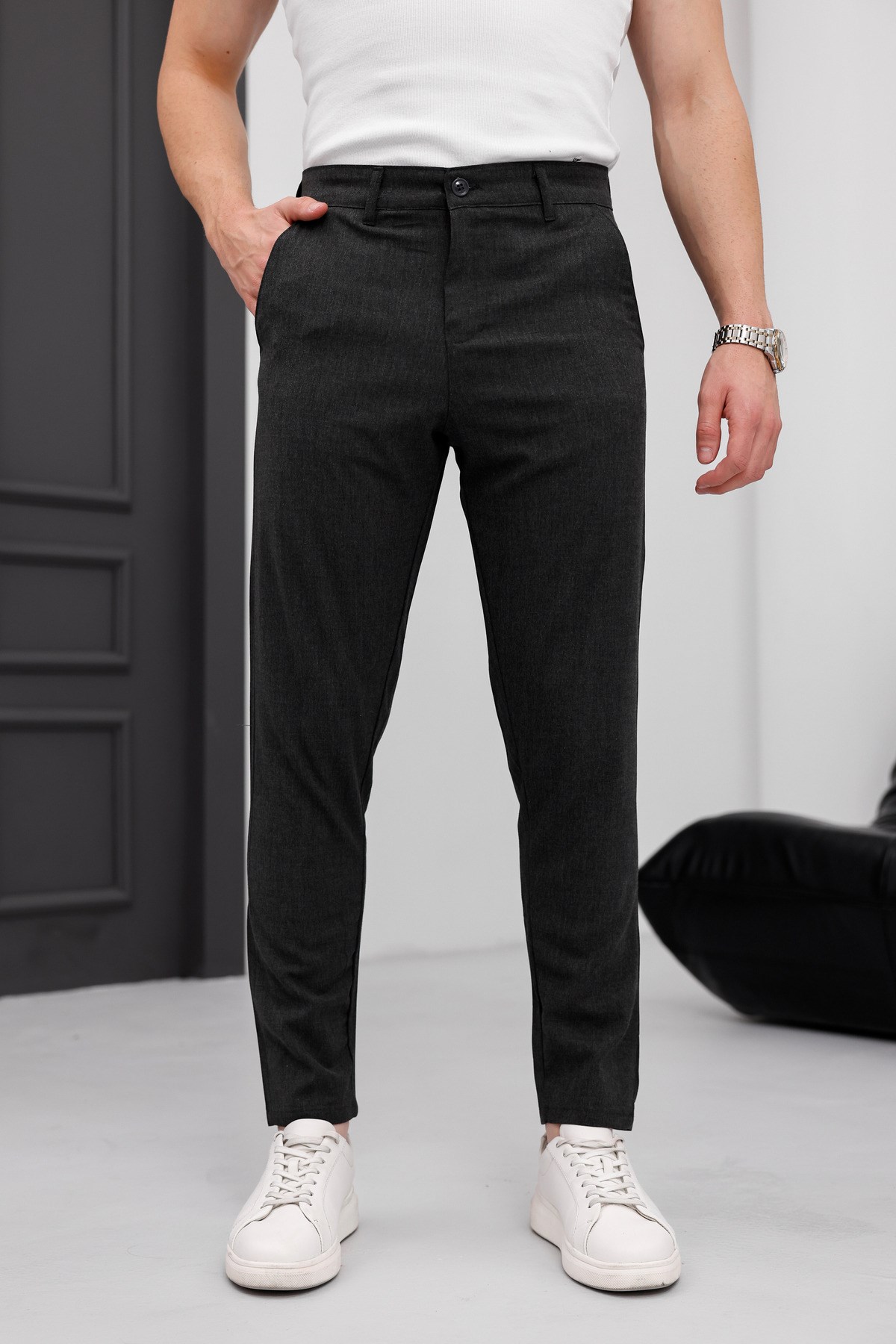 Erkek Antrasit Slim Fit Dar Kesim Likralı Yan Cep Bilek Boy Düz Kumaş Pantolon