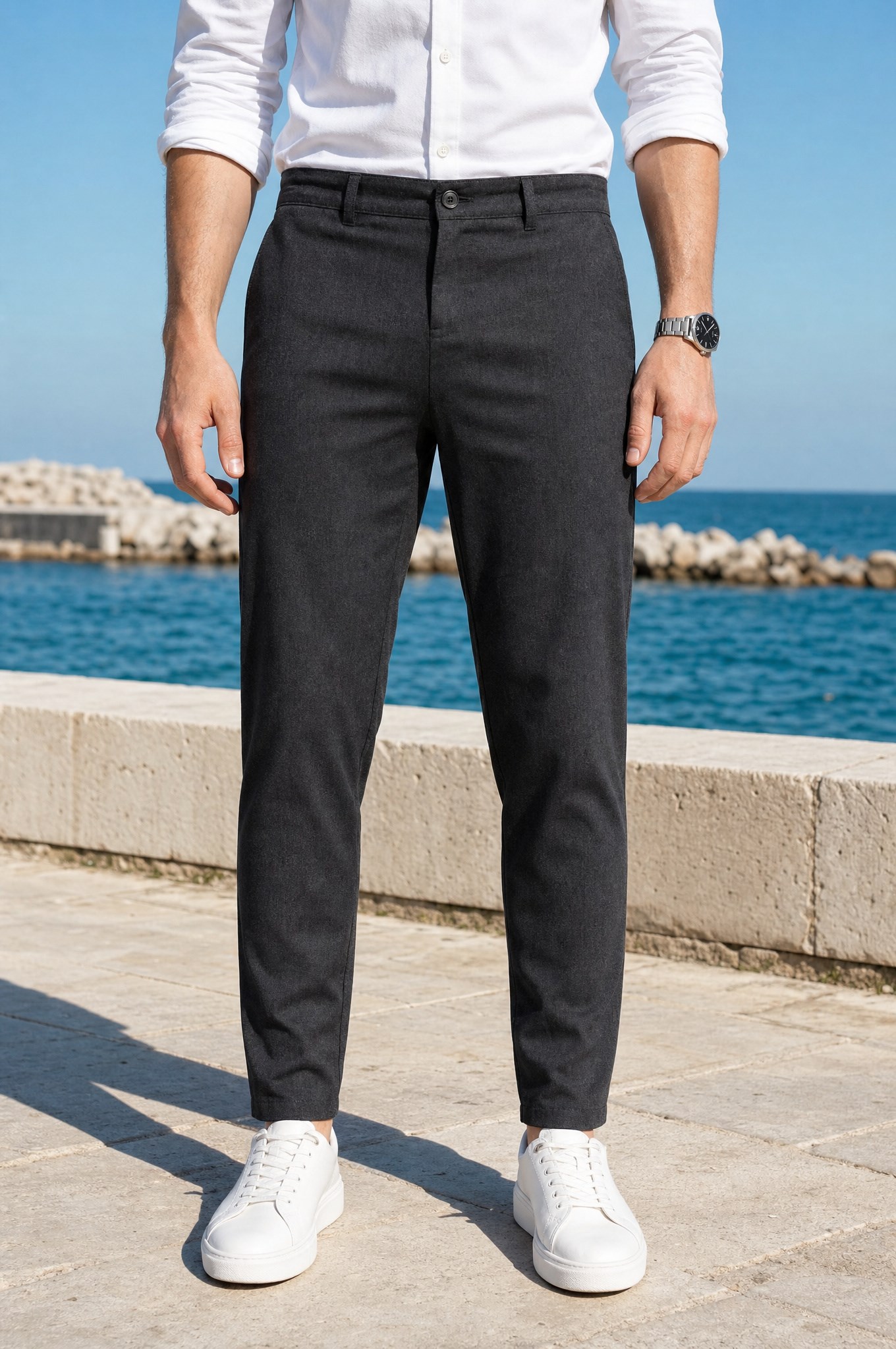 Erkek Antrasit Slim Fit Dar Kesim Likralı Yan Cep Bilek Boy Düz Kumaş Pantolon