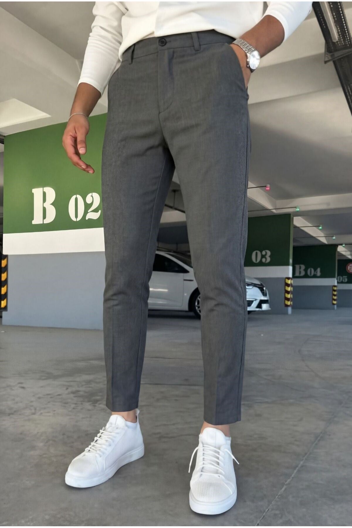 Erkek Antrasit Slim Fit Dar Kesim Likralı Yan Cep Bilek Boy Düz Kumaş Pantolon