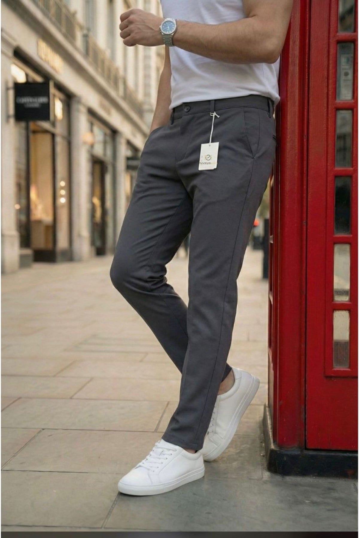 Erkek Antrasit Slim Fit Dar Kesim Likralı Yan Cep Bilek Boy Düz Kumaş Pantolon