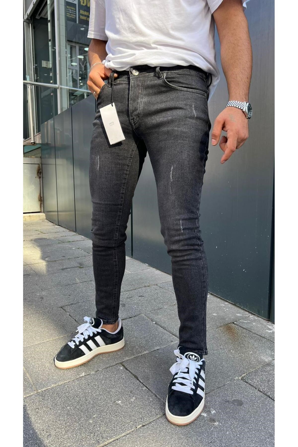 Erkek Antrasit Slim Fit Lazerli Likralı Jean Pantolon