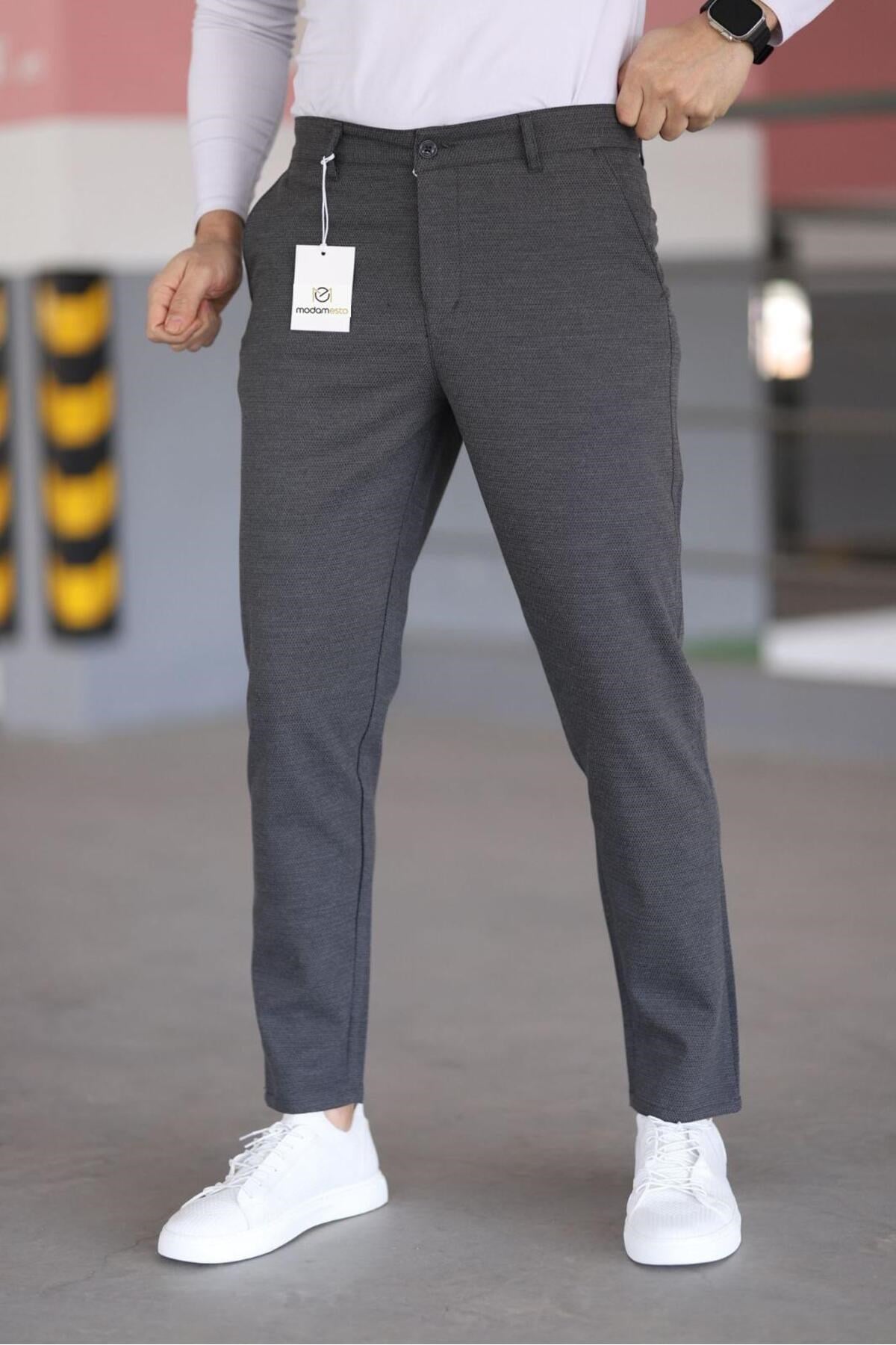 Erkek Antrasit Slim Fit Likralı Armür Desenli Casual Pantolon
