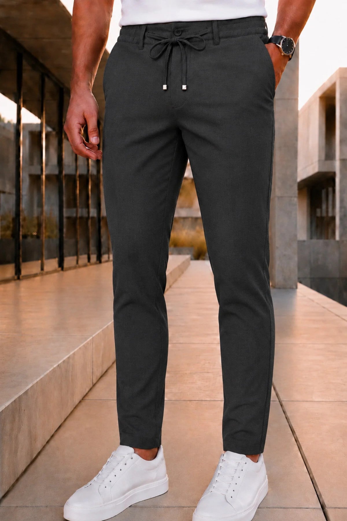 Erkek Antrasit Slim Fit Likralı Beli Lastikli Bağcıklı Yan Cep Jogger Kumaş Pantolon