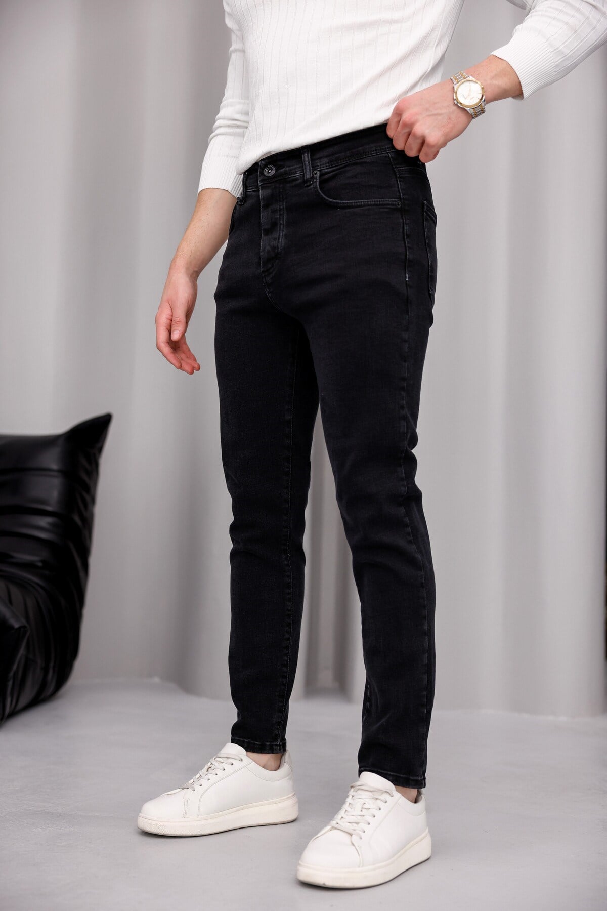 Erkek Antrasit Slim Fit Likralı Dar Paça Kot Pantolon