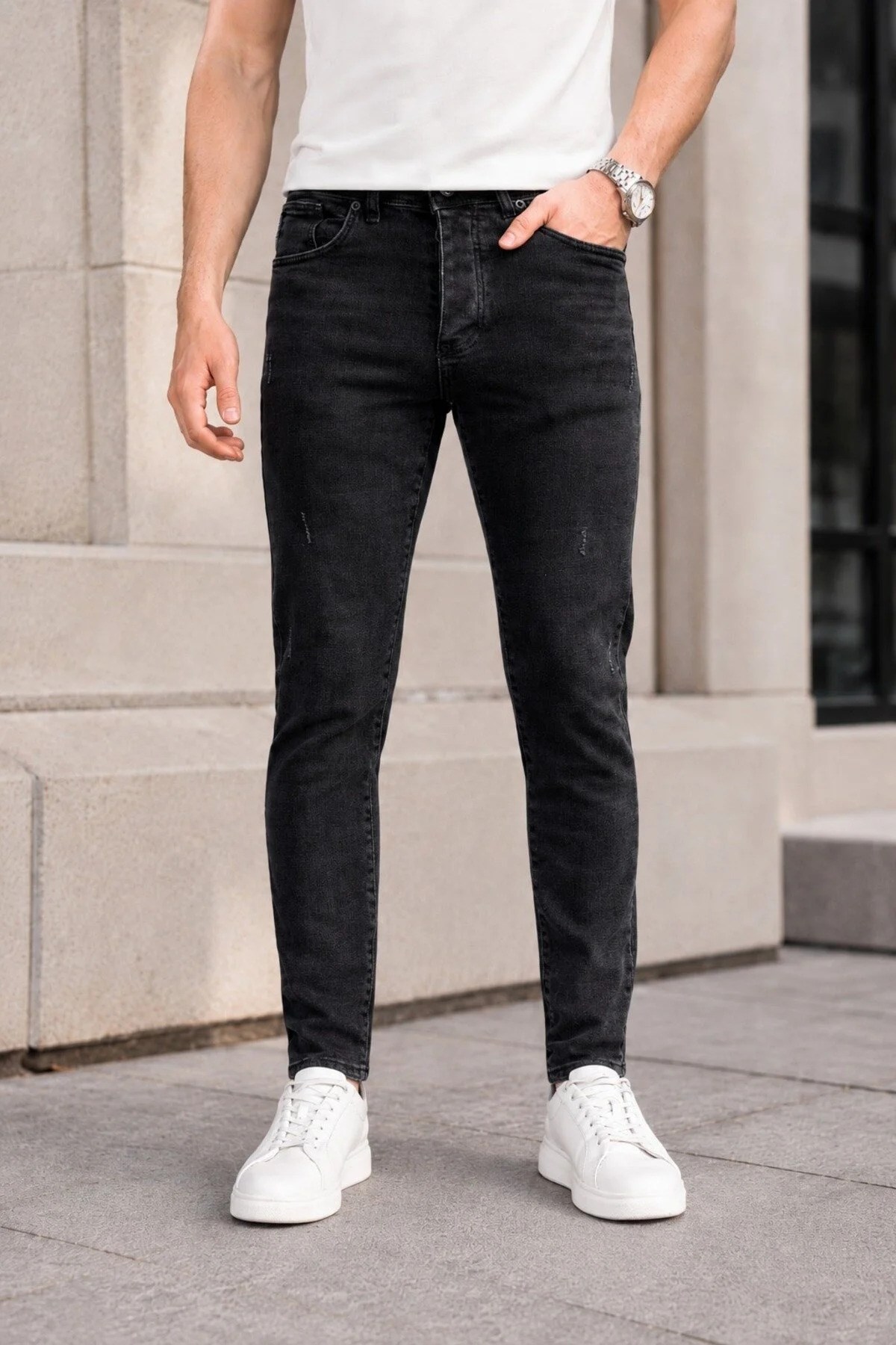 Erkek Antrasit Slim Fit Likralı Dar Paça Lazerli Kot Pantolon