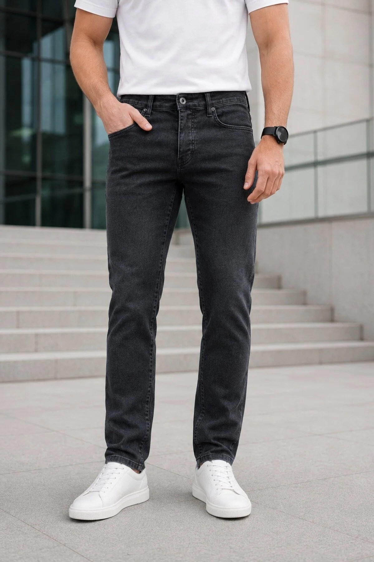 Erkek Antrasit Slim Fit Likralı Jean Pantolon