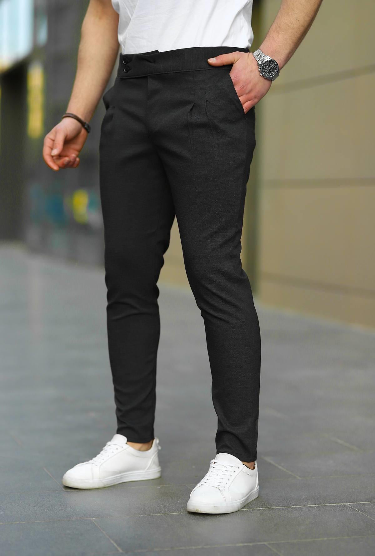 Erkek Antrasit Slim Fit Pileli Düğme Detaylı Keten Pantolon
