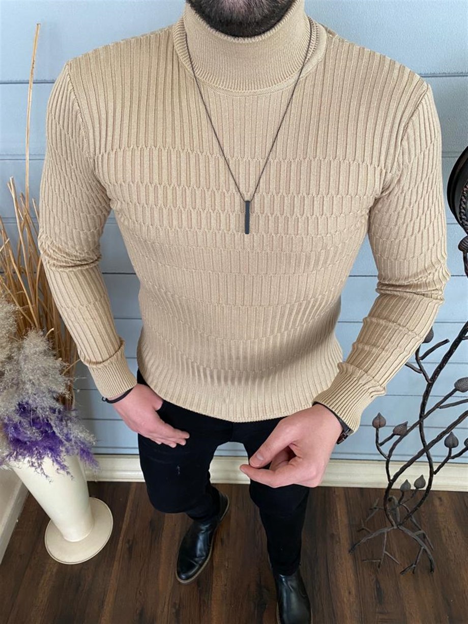 Erkek Bej Desenli Slim Fit Tam Balıkçı Yaka Kazak