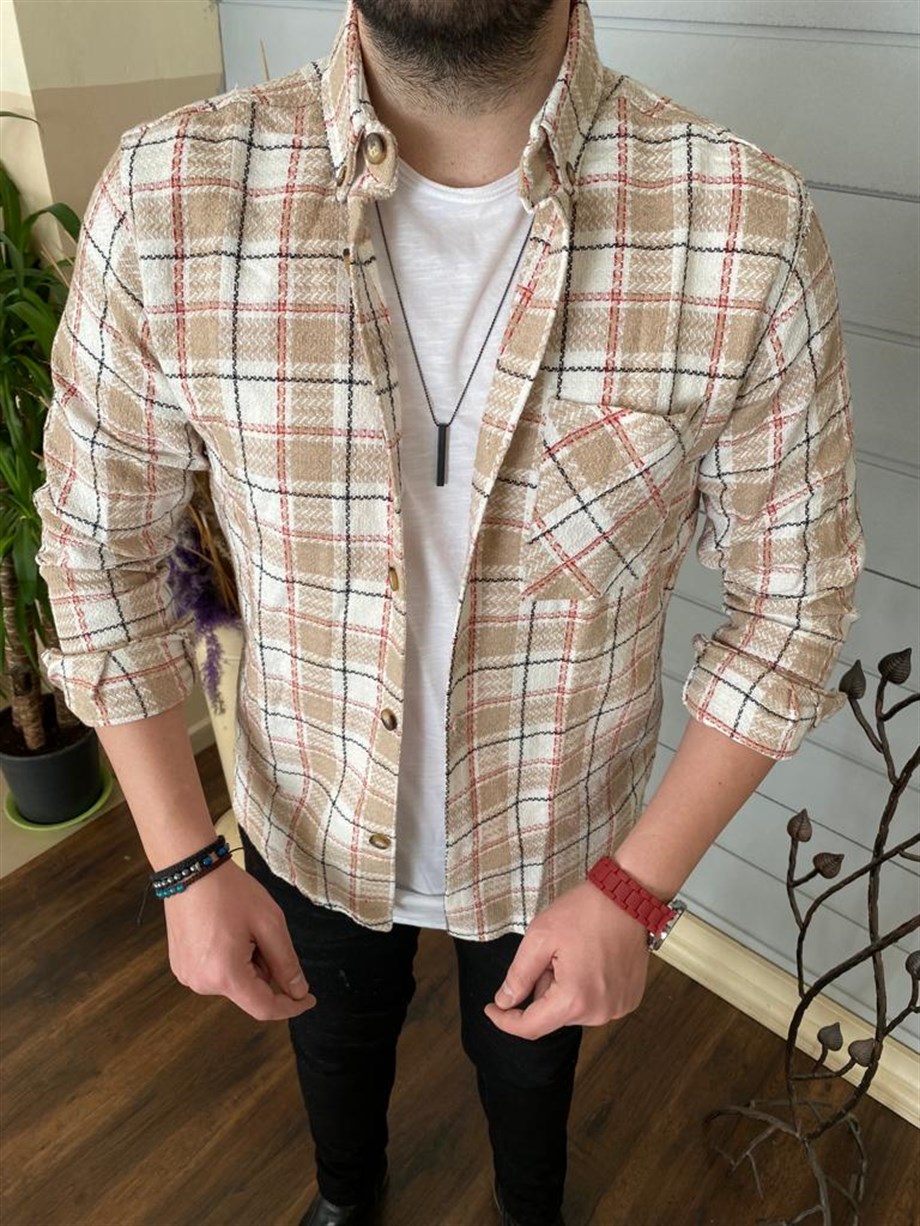 Erkek Bej Ekoseli Cepli Kışlık Oduncu Gömlek