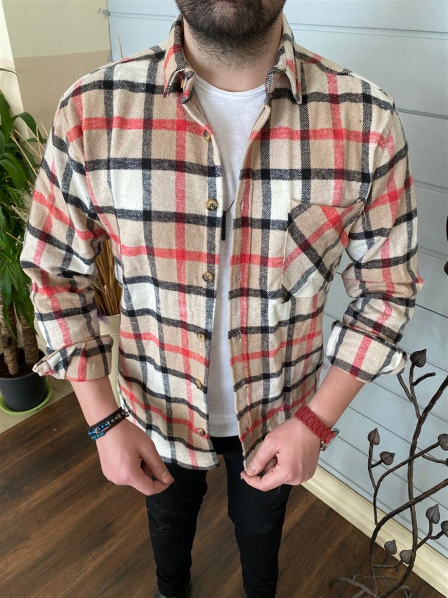 Erkek Bej Ekoseli Cepli Kışlık Oduncu Gömlek