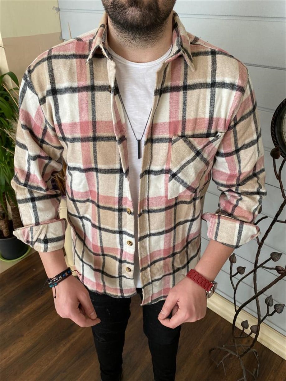Erkek Bej Ekoseli Cepli Kışlık Oduncu Gömlek