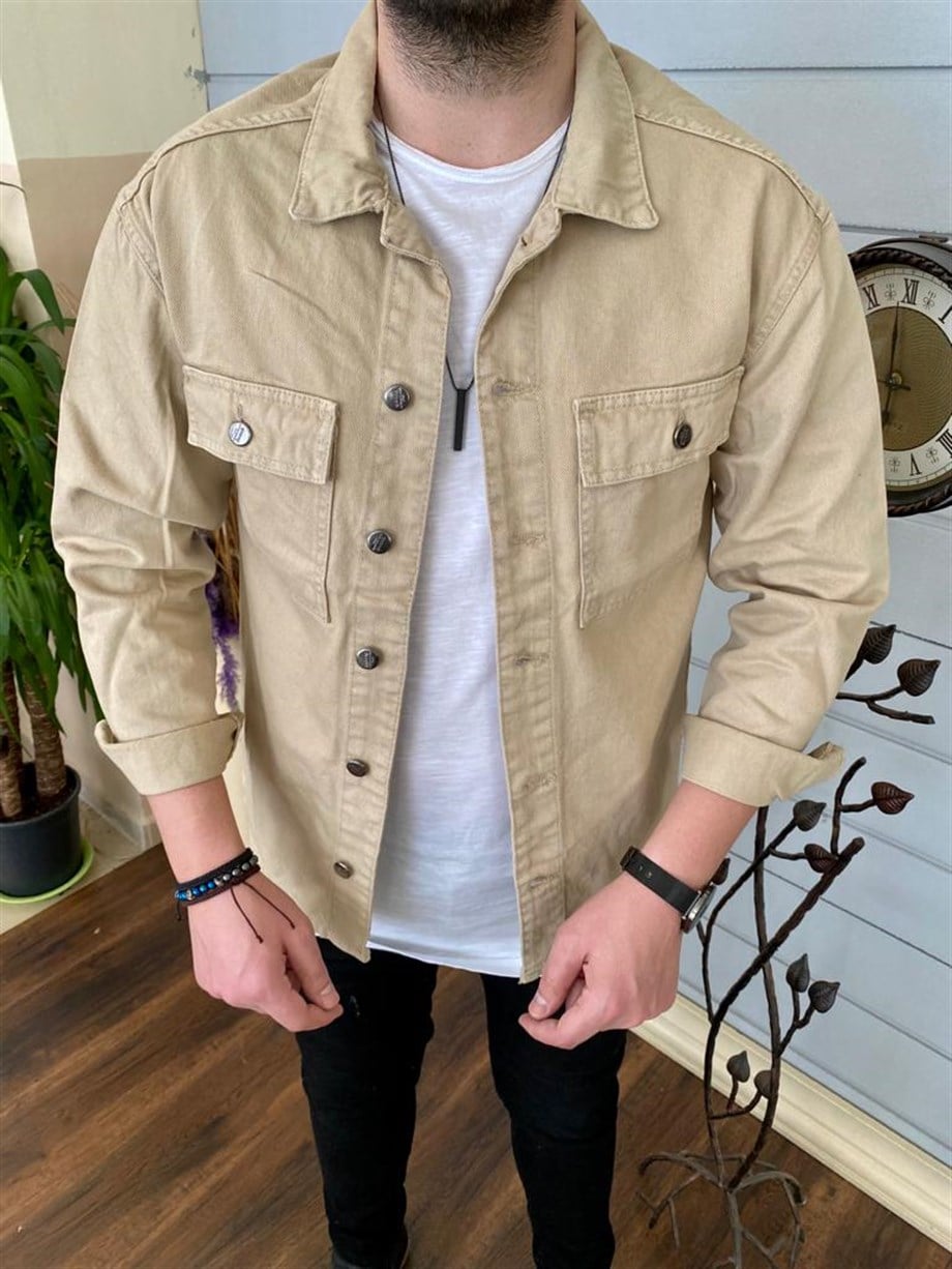 Erkek Bej Oversize Kot Gömlek
