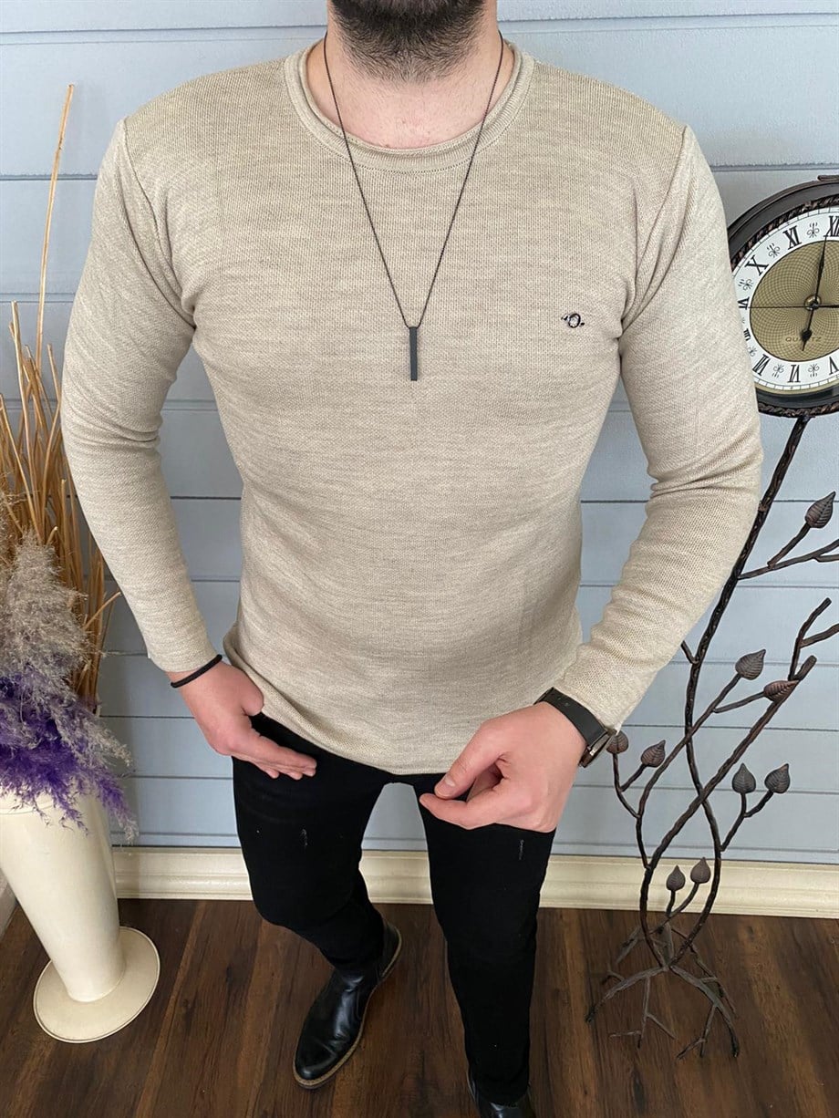 Erkek Bej Slim Fit Bisiklet Yaka Triko Kazak