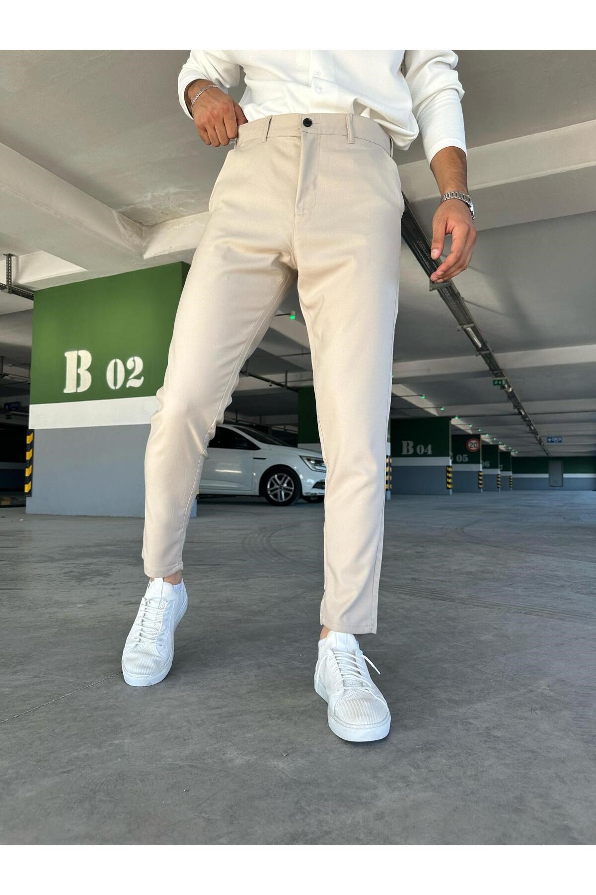 Erkek Bej Slim Fit Dar Kesim Likralı Yan Cep Bilek Boy Düz Kumaş Pantolon