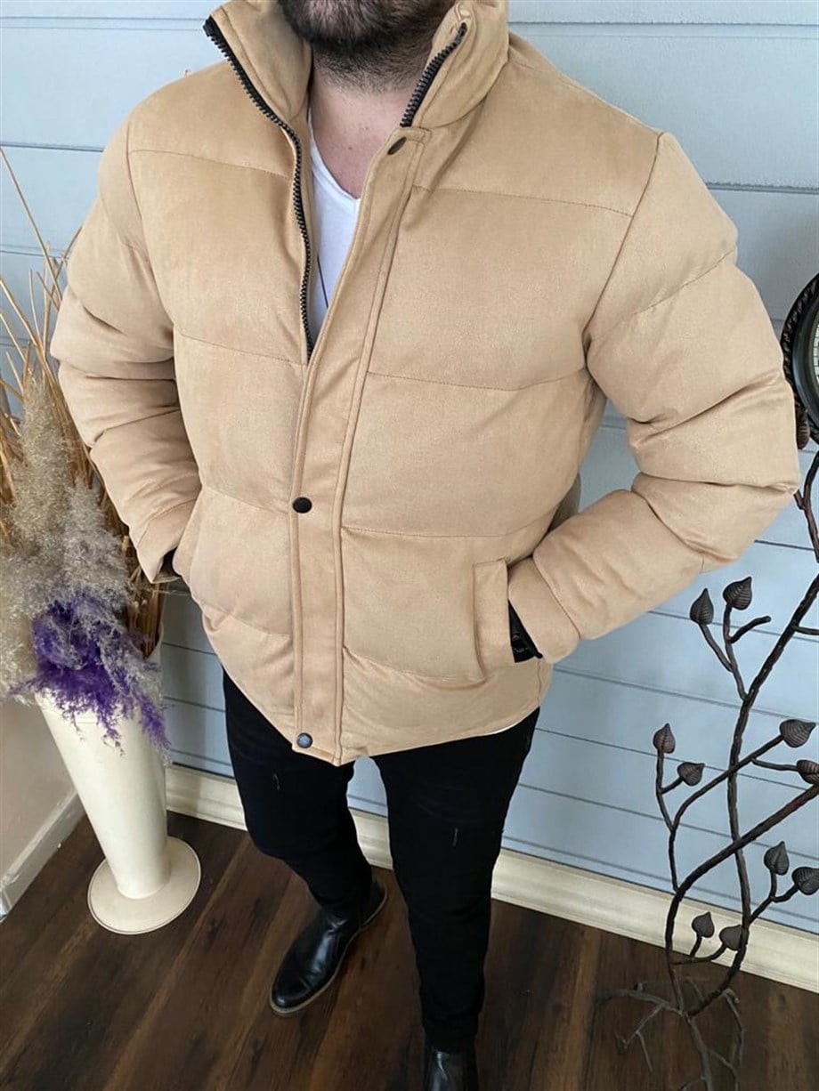Erkek Bej Slim Fit Dik Yaka Süet Şişme Mont