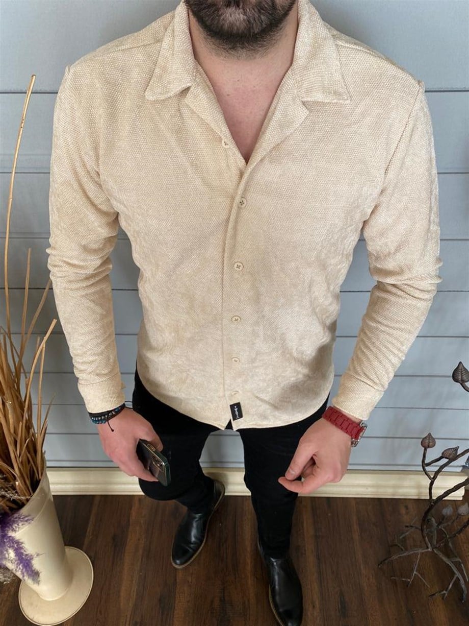Erkek Bej Slim Fit Kadife Örme Kışlık Gömlek