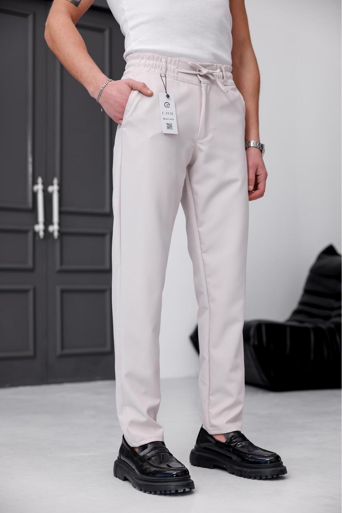 Erkek Bej Slim Fit Likralı Beli Lastikli Bağcıklı Yan Cep Jogger Kumaş Pantolon