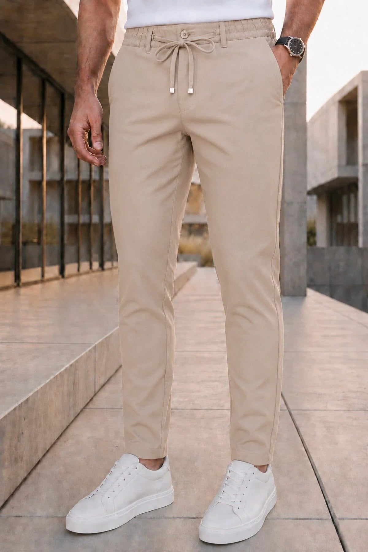 Erkek Bej Slim Fit Likralı Beli Lastikli Bağcıklı Yan Cep Jogger Kumaş Pantolon
