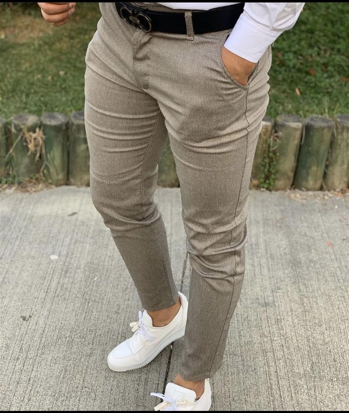 Erkek Bej Slim Fit Pamuklu Chino Pantolon