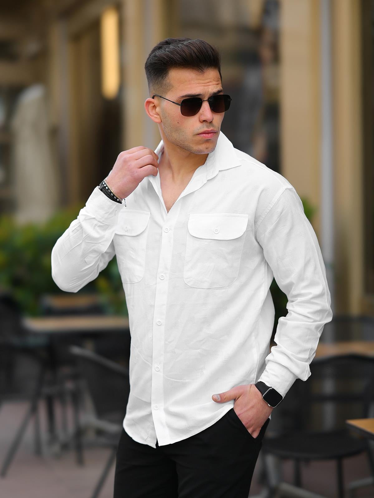 Erkek Beyaz Relaxed Fit Çift Cepli Desenli Gömlek
