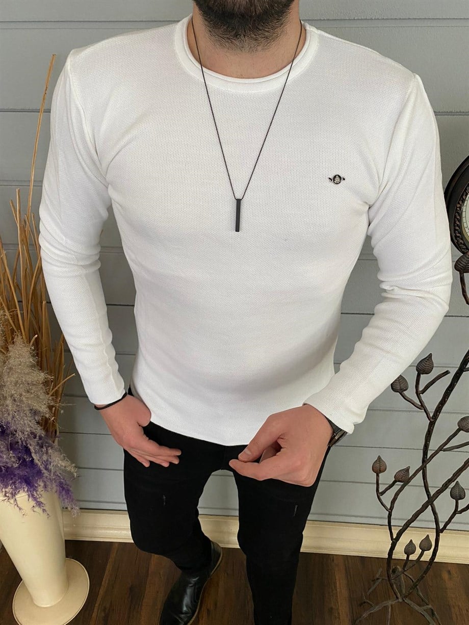 Erkek Beyaz Slim Fit Bisiklet Yaka Triko Kazak