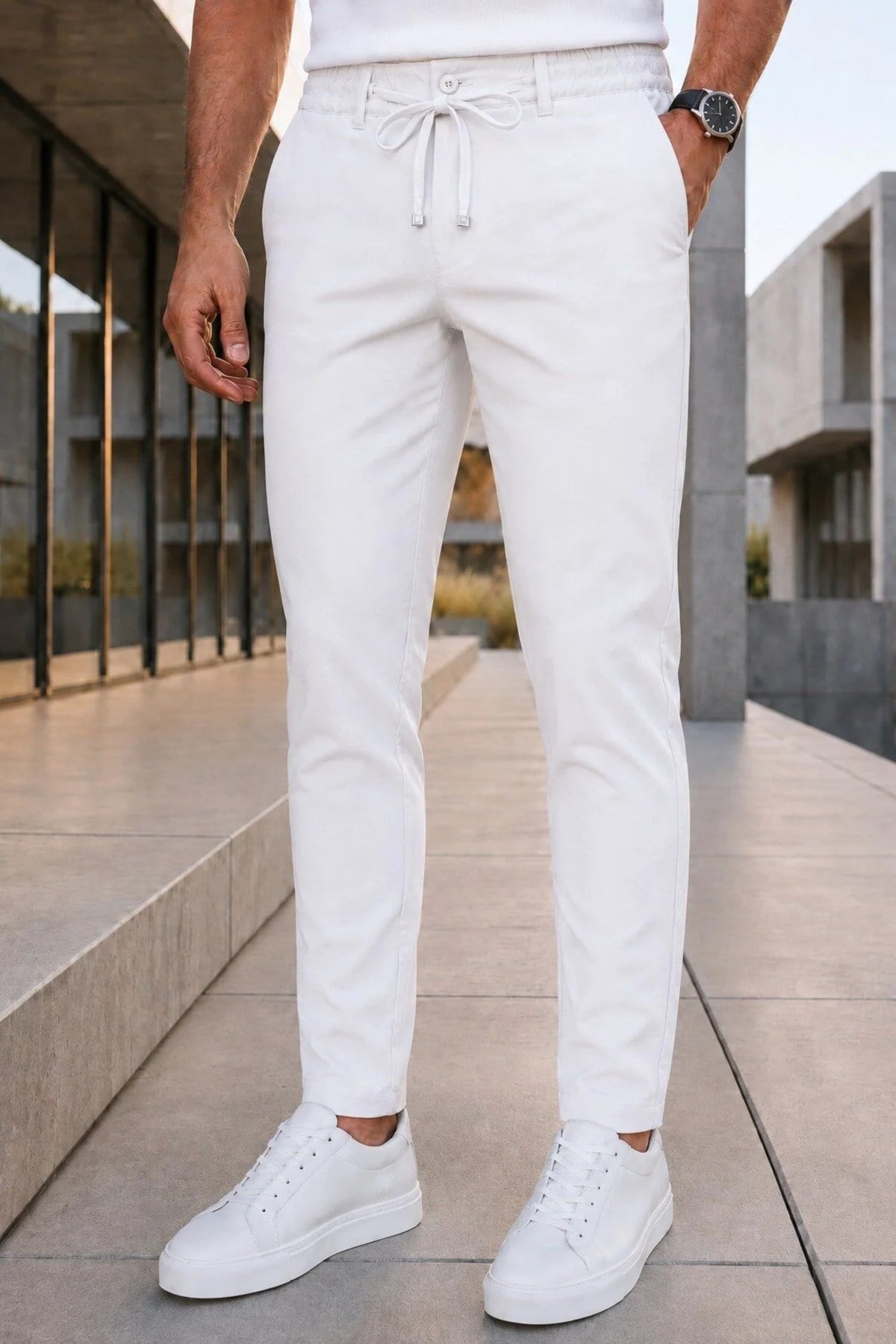 Erkek Beyaz Slim Fit Likralı Beli Lastikli Bağcıklı Yan Cep Jogger Kumaş Pantolon
