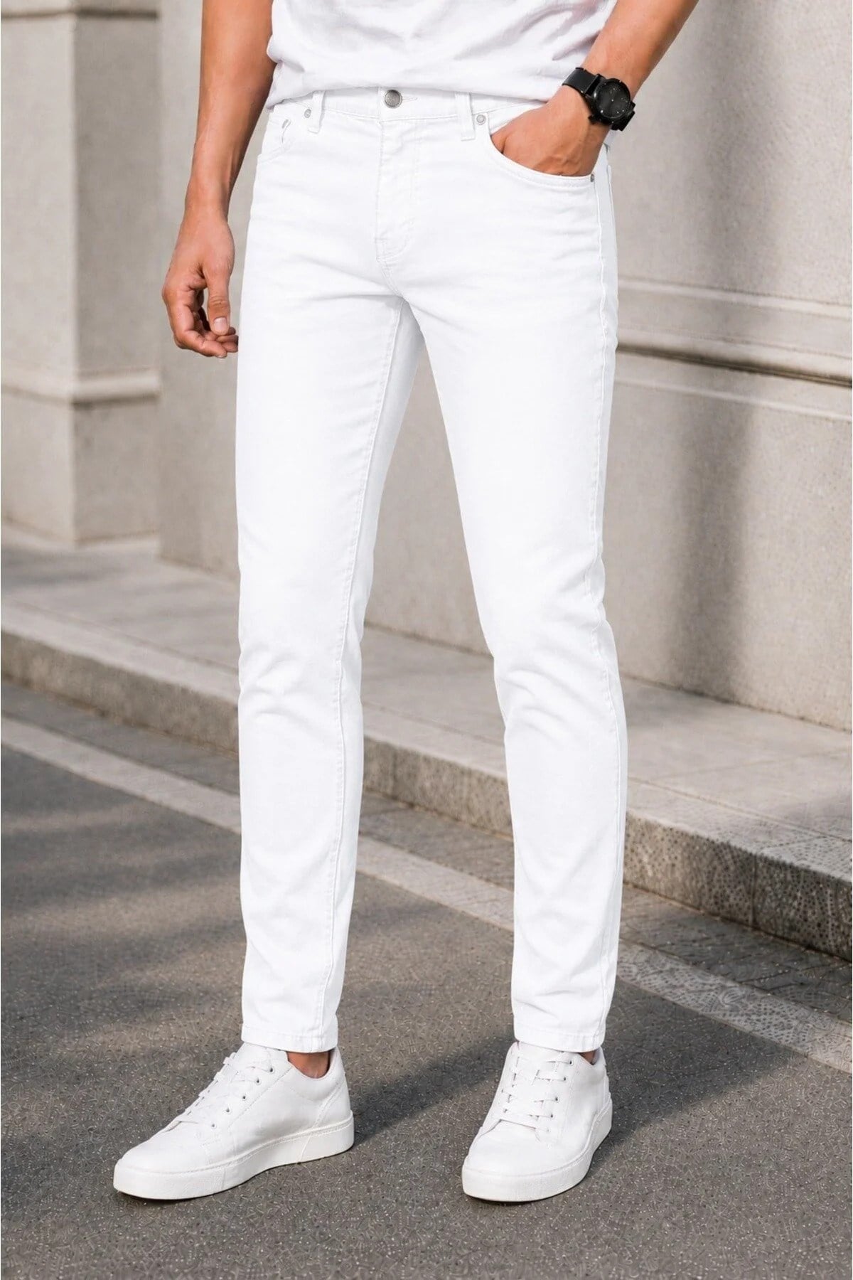 Erkek Beyaz Slim Fit Likralı Dar Paça Kot Pantolon