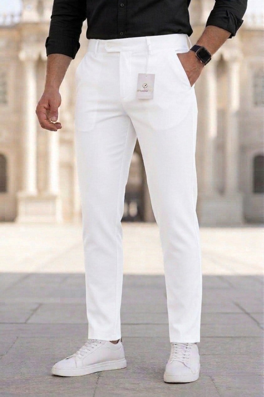 Erkek Beyaz Slim Fit Likralı Yan Cep Bilek Boy Düz Kumaş Pantolon