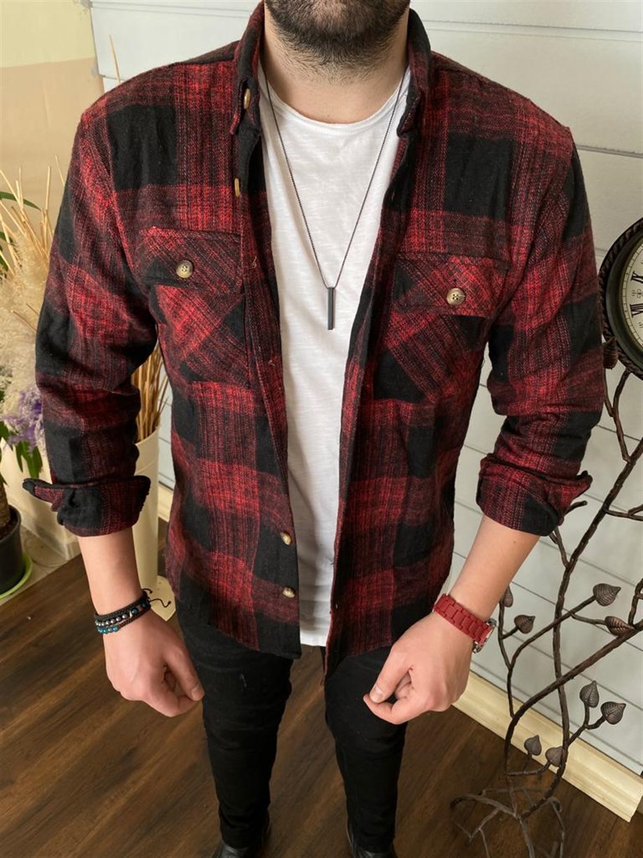 Erkek Bordo Çift Cepli Kışlık Oduncu Gömlek