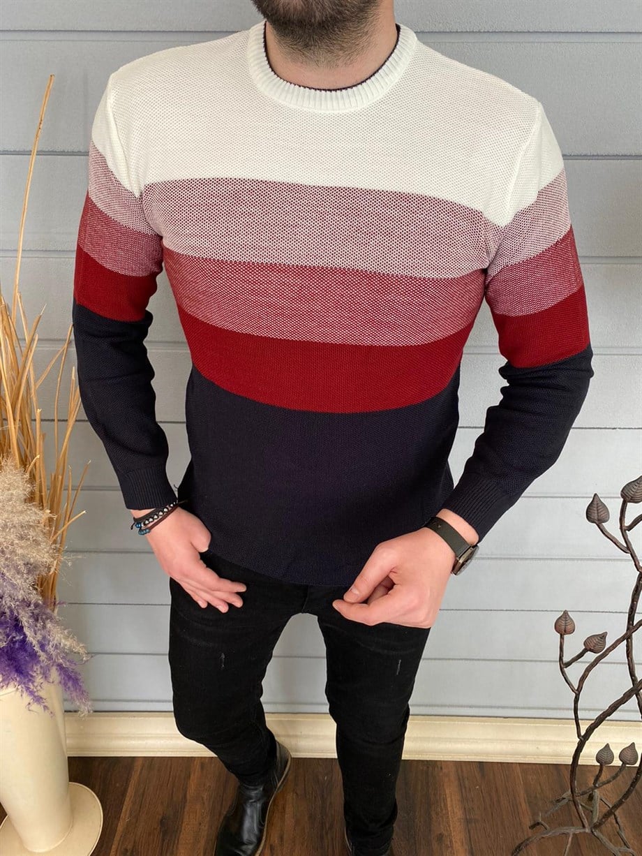 Erkek Bordo Slim Fit Bisiklet Yaka Triko Kazak