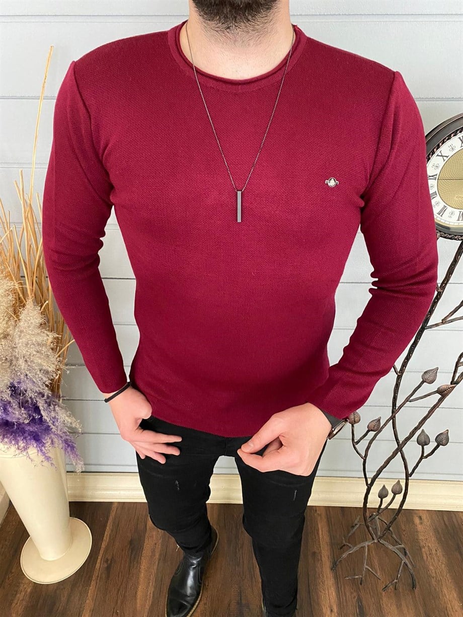 Erkek Bordo Slim Fit Bisiklet Yaka Triko Kazak
