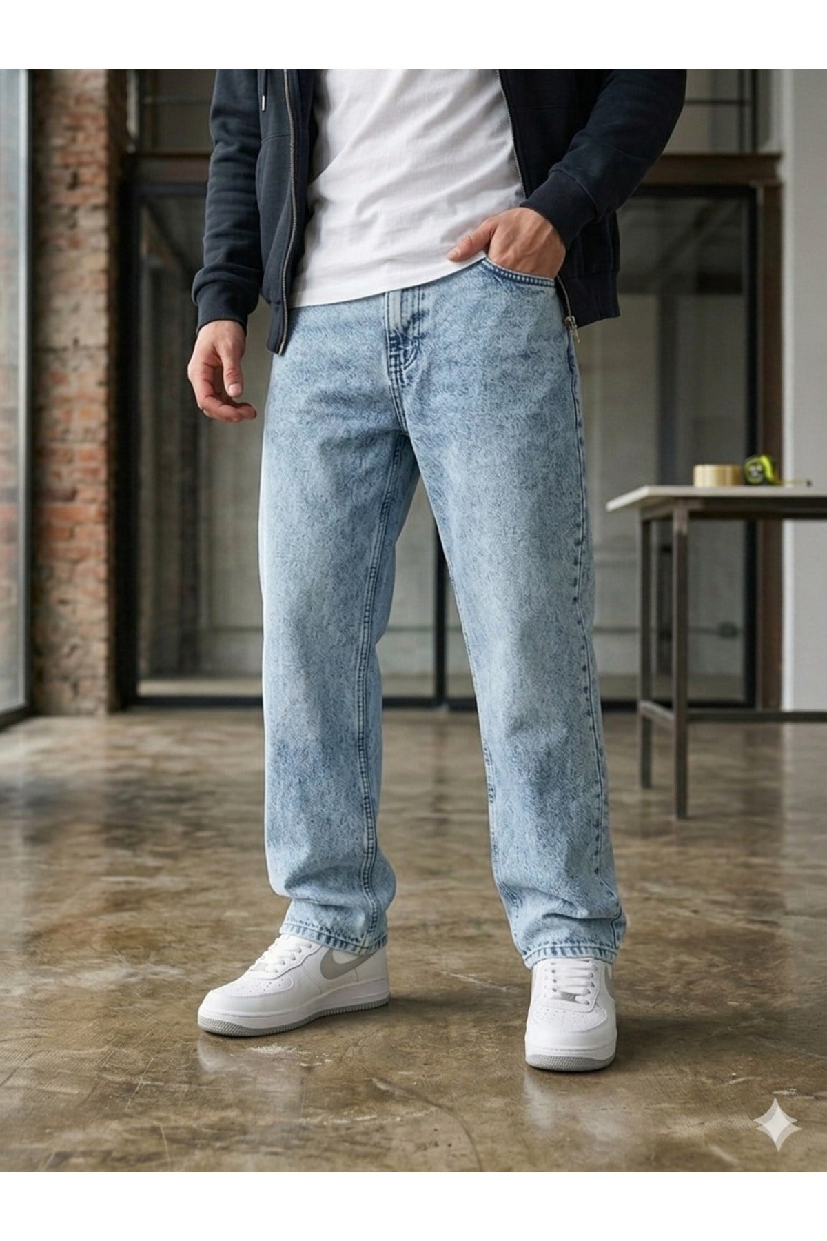 Erkek Buz Mavi Baggy Fit Geniş Kesim Jean Pantolon