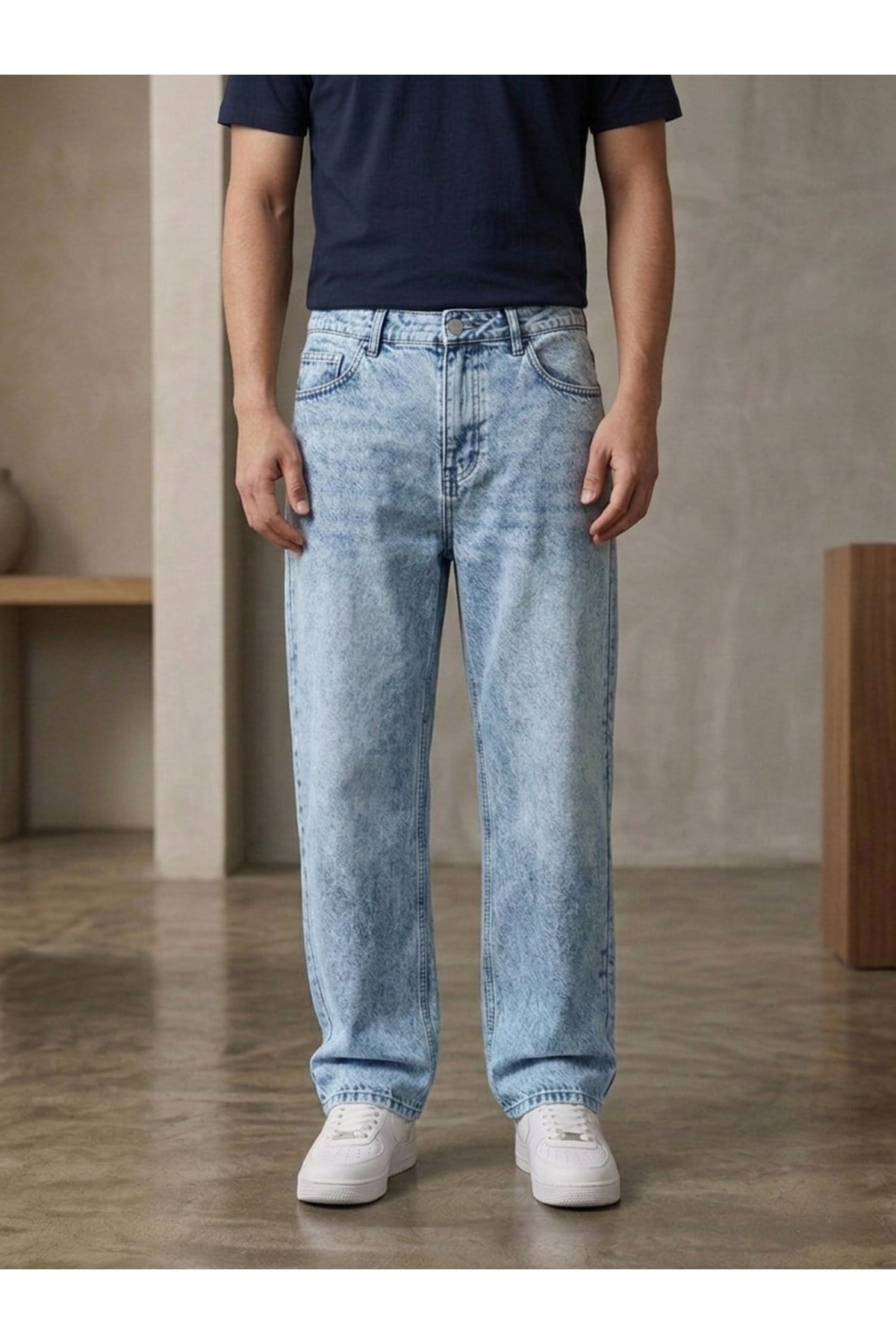 Erkek Buz Mavi Baggy Fit Geniş Kesim Jean Pantolon