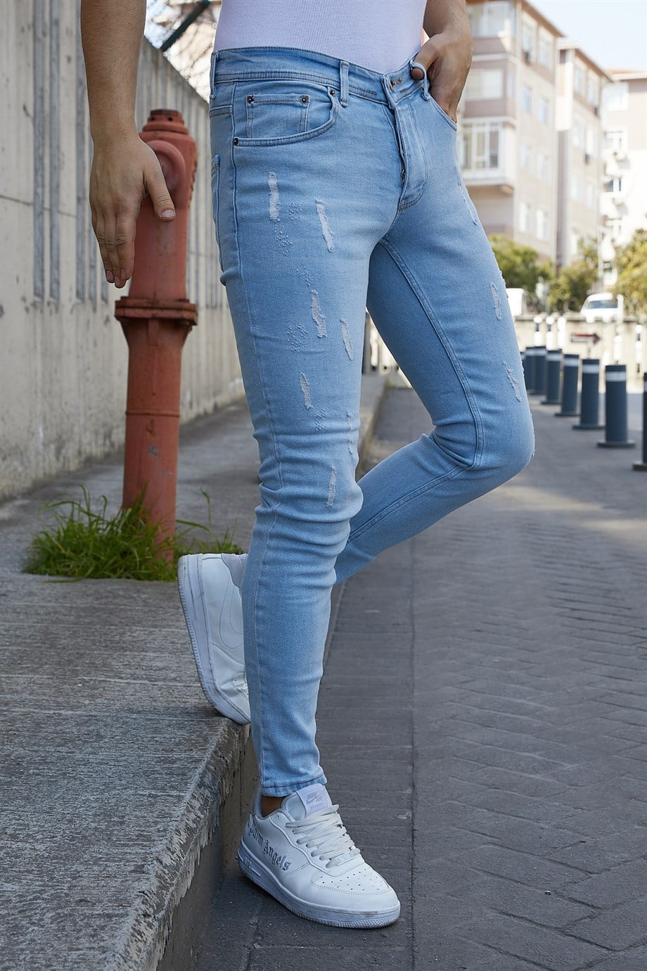 Erkek Buz Mavi Lazer Destroylu Skinny Fit Kot Pantolon