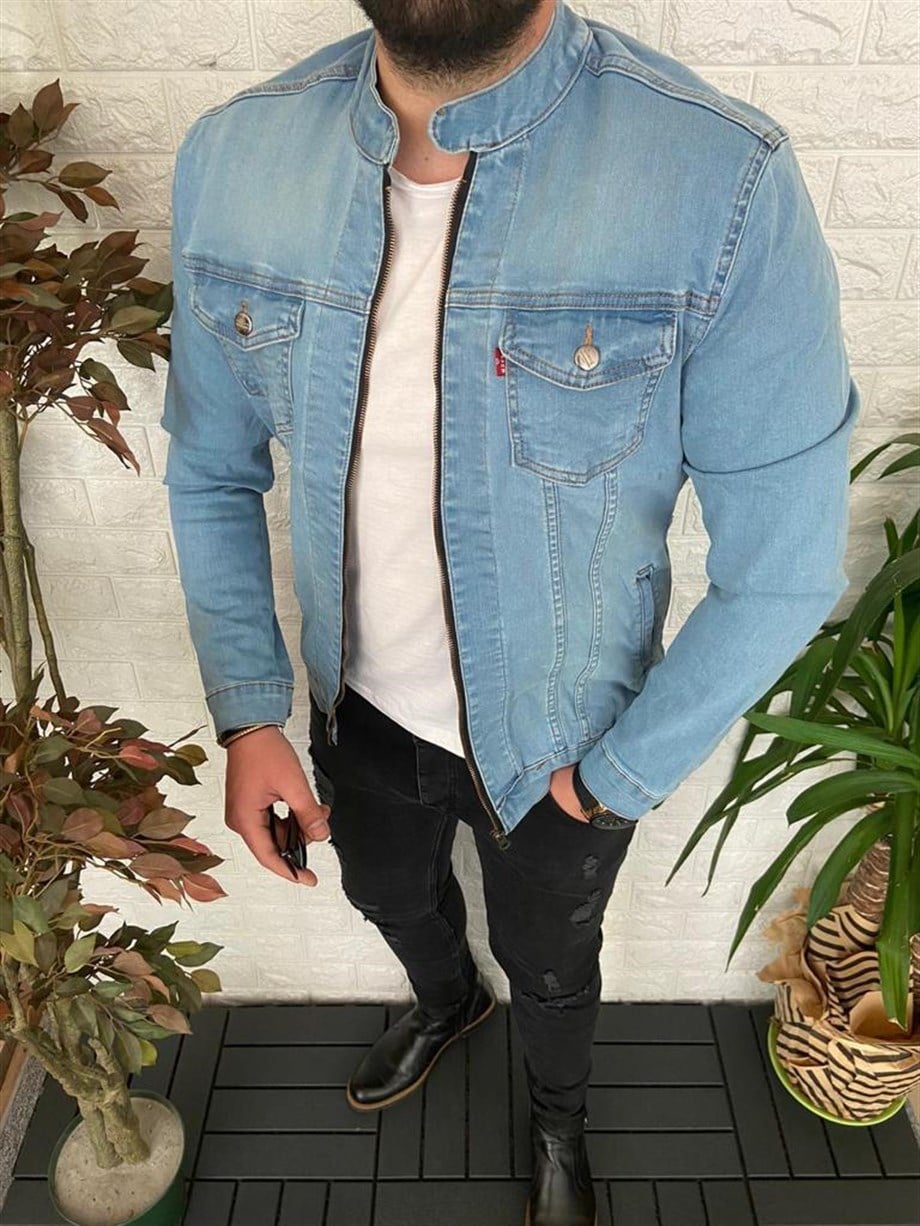 Erkek Buz Mavi Slim Fit Fermuarlı Kot Ceket