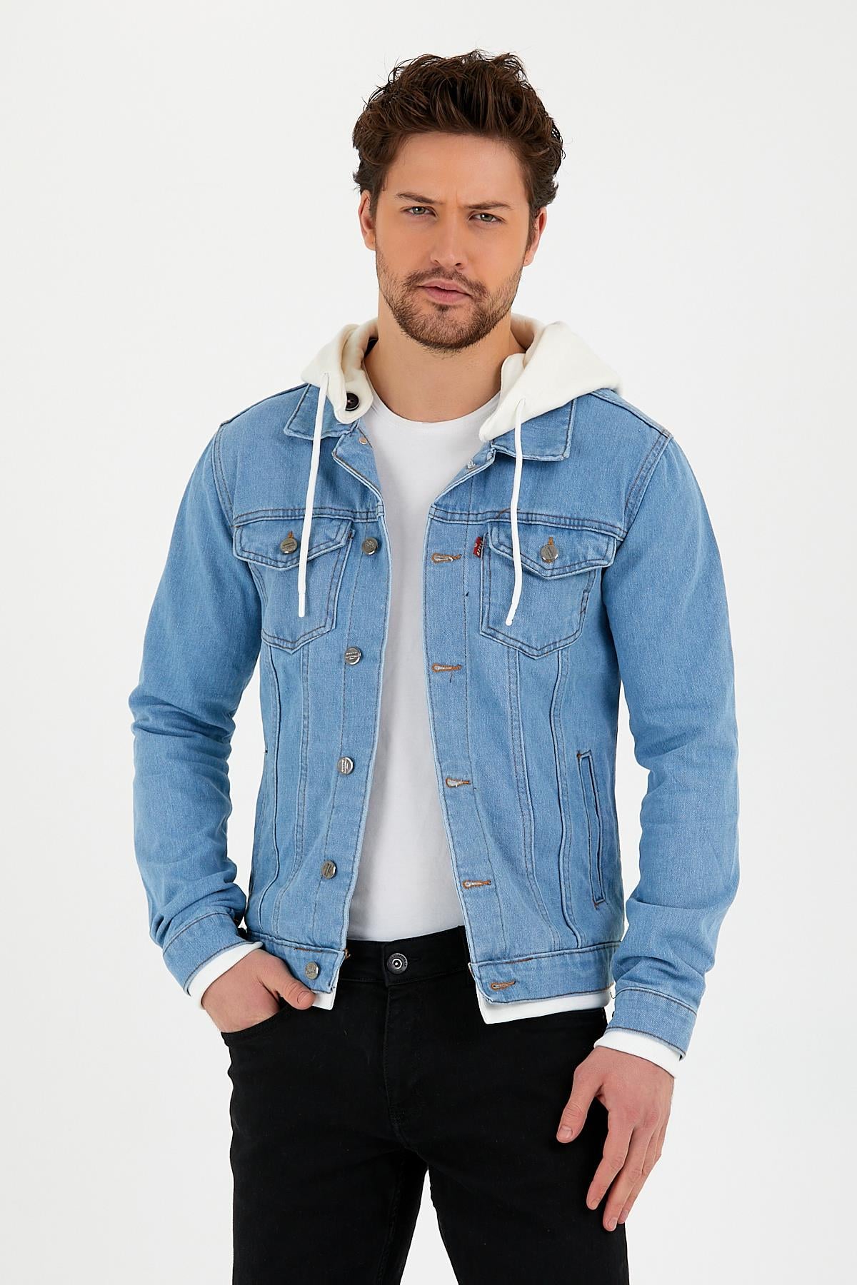 Erkek Buz Mavi Slim Fit Kapüşonlu Kot Ceket