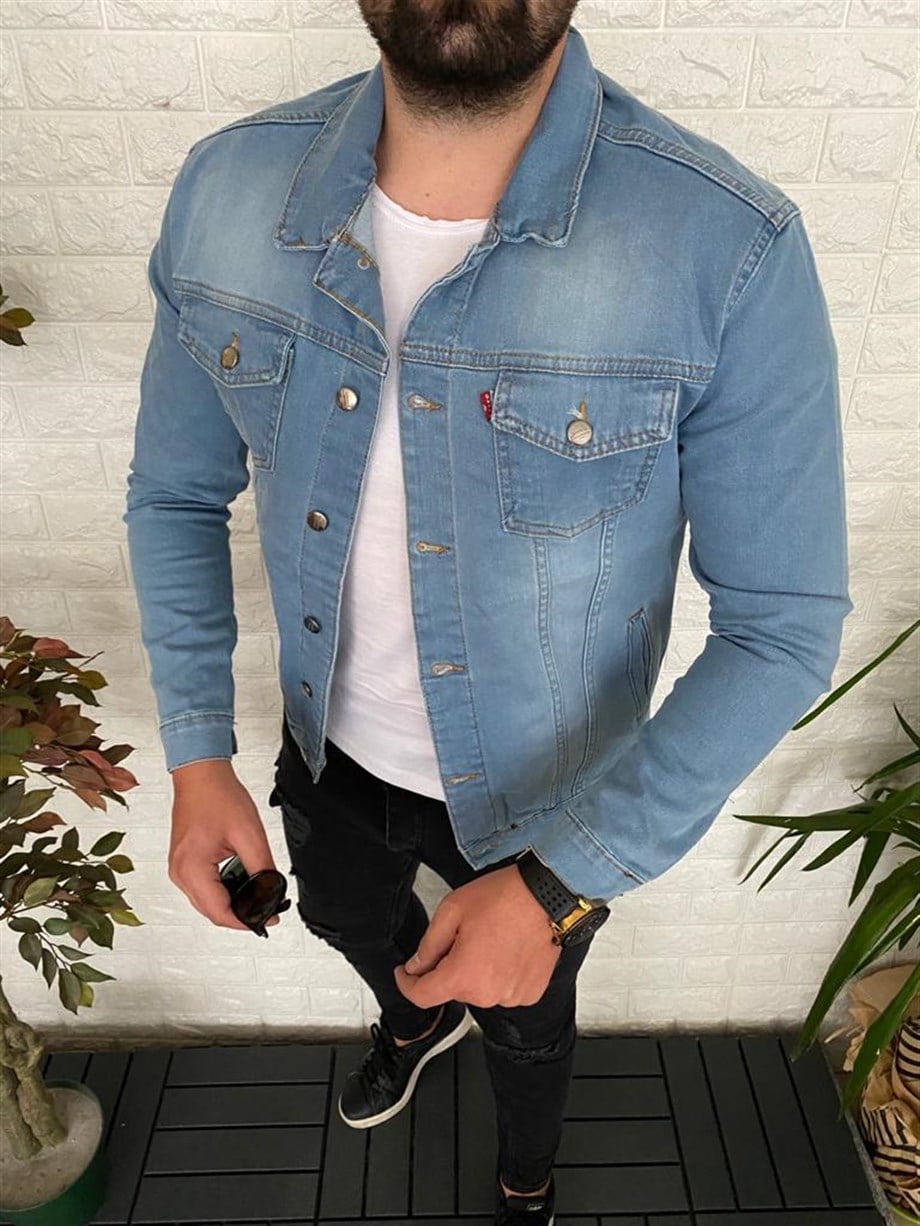 Erkek Buz Mavi Slim Fit Kot Ceket