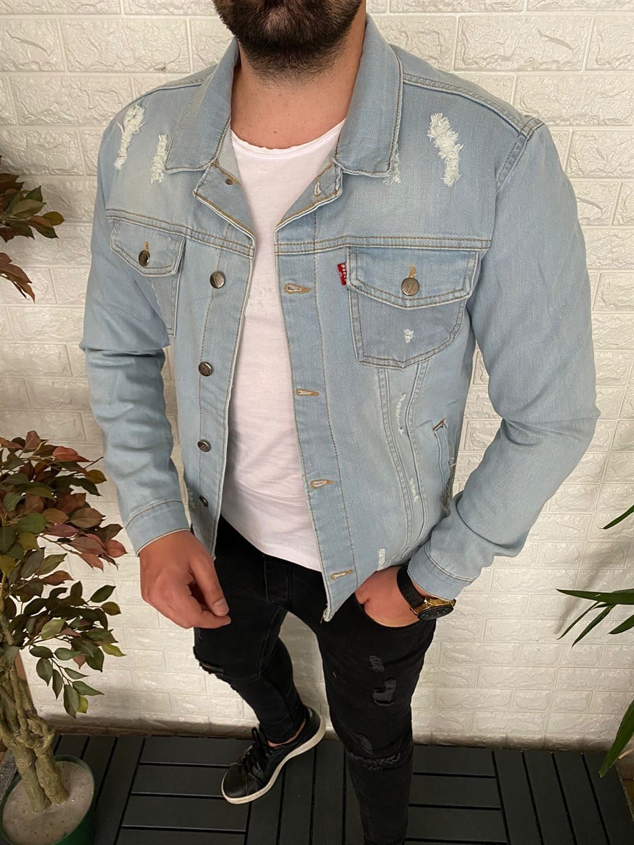 Erkek Buz Mavi Slim Fit Lazerli Kot Ceket