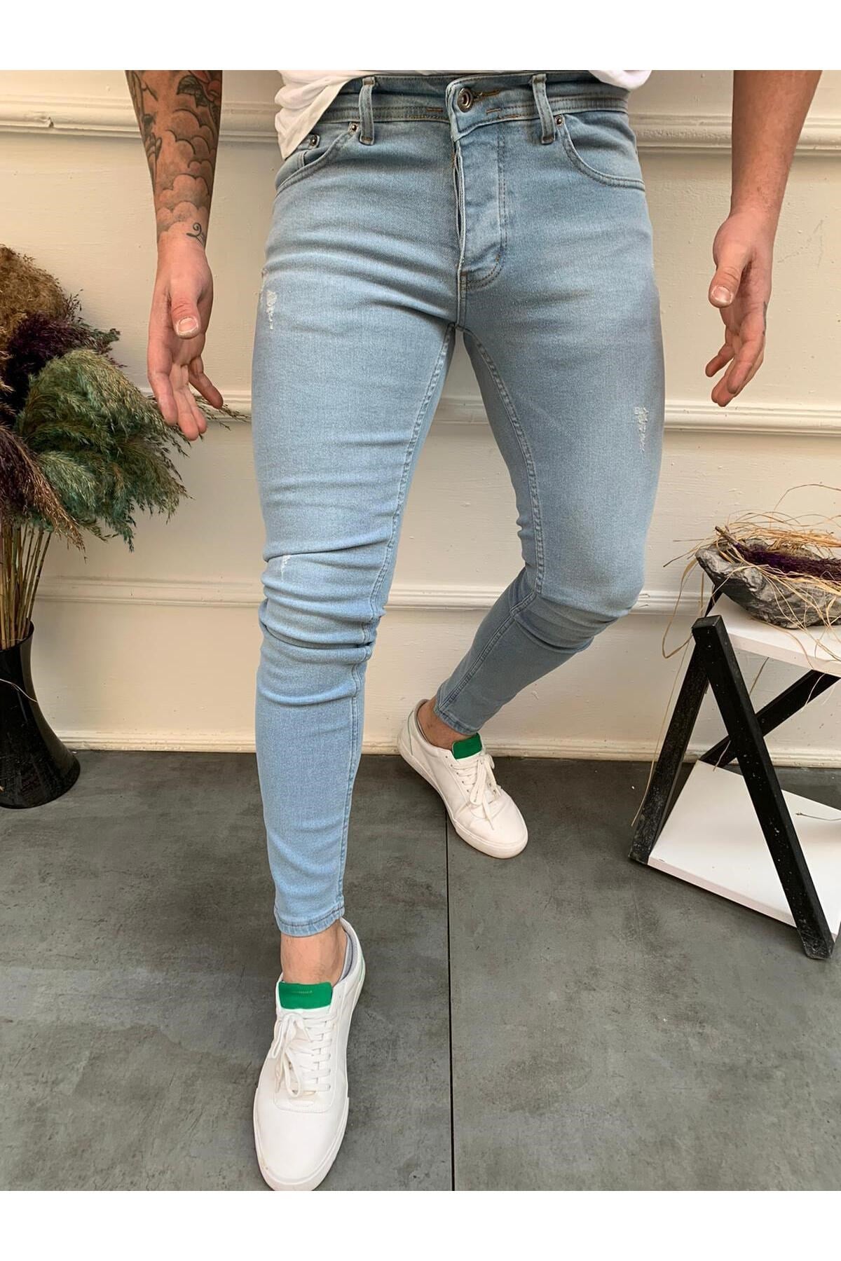 Erkek Buz Mavi Slim Fit Lazerli Likralı Jean Pantolon