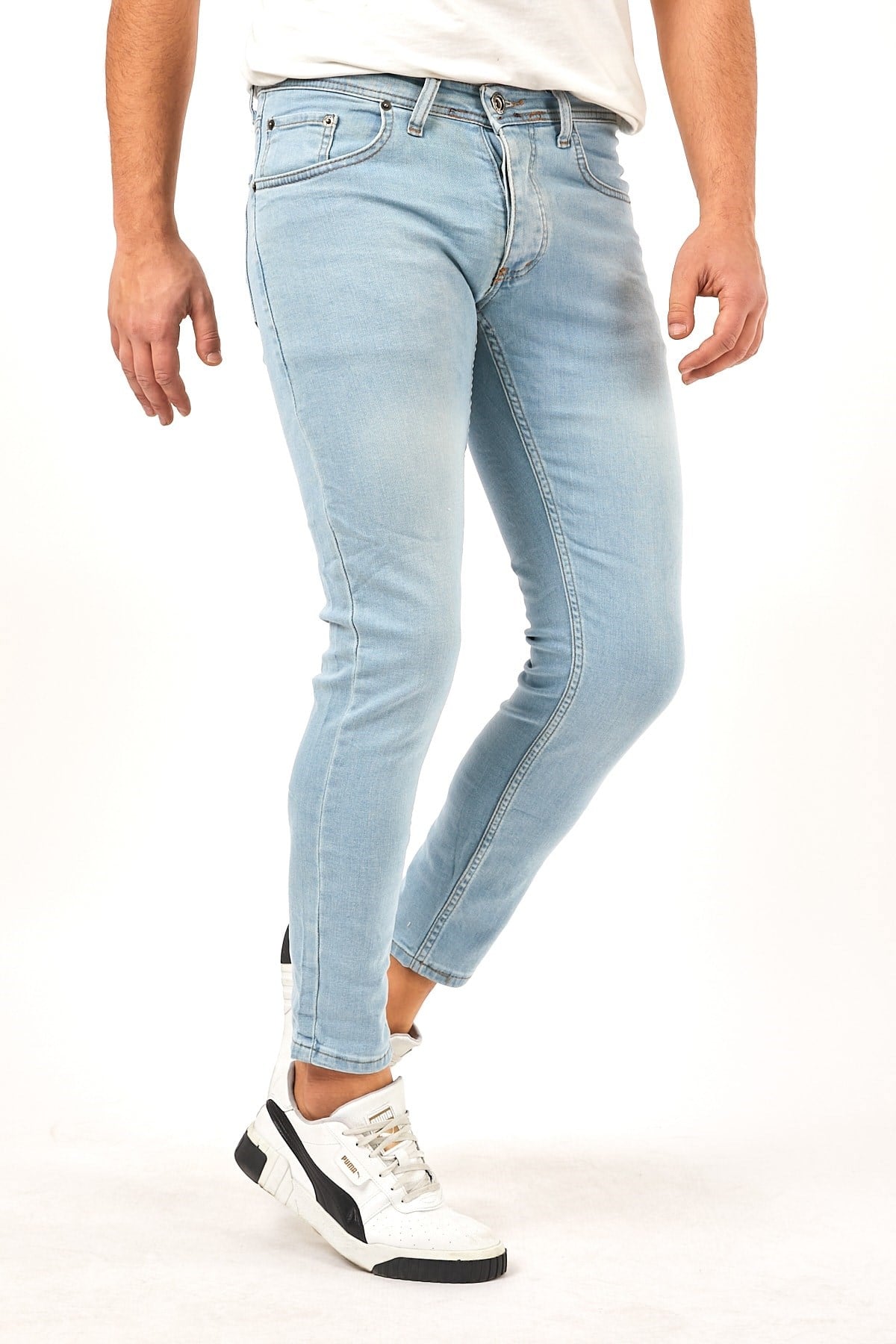 Erkek Buz Mavi Slim Fit Likralı Dar Paça Kot Pantolon