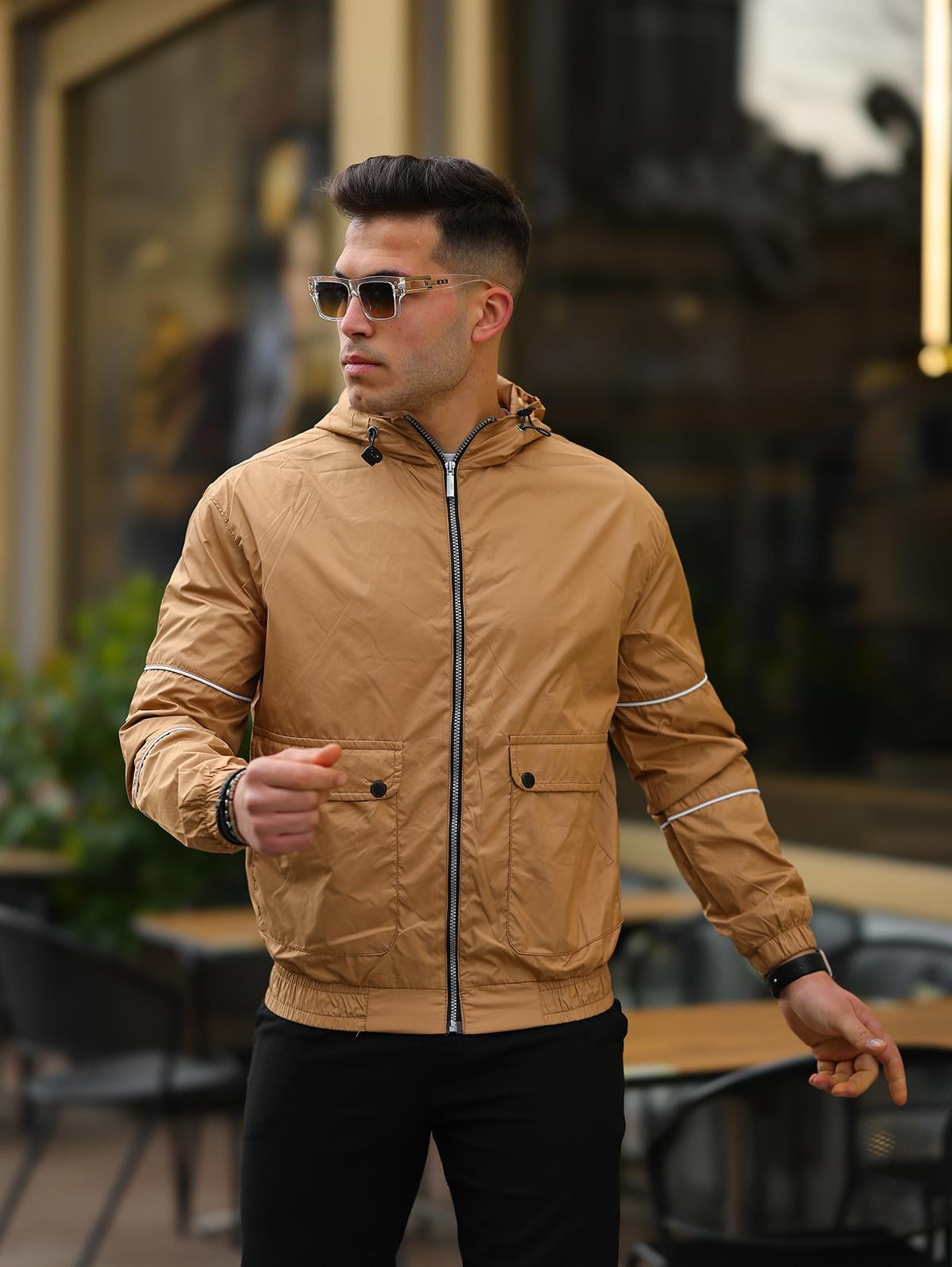 Erkek Camel Slim Fit Kapüşonlu Yağmurluk