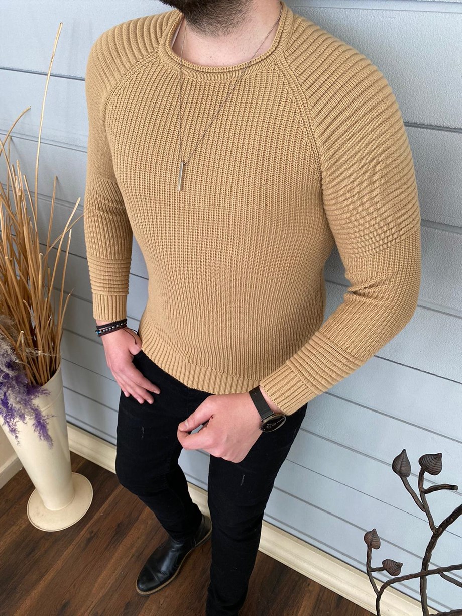 Erkek Camel Slim Fit Örme Kazak